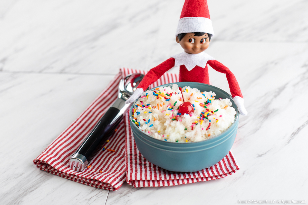 Elf with bowl of snow ice cream