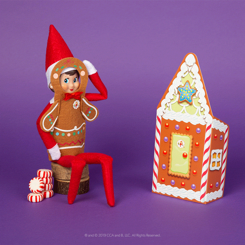 Elf with gingerbread outfit and house