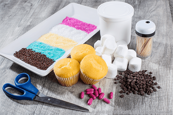 Ingredients needed for Easy Easter Bunny Cupcakes