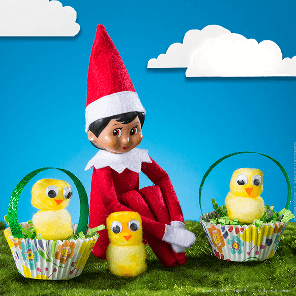 Elf seated with completed Chicks in a Basket craft