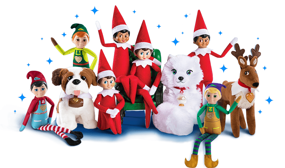 Scout Elves, Elf Pets and Elf Mates sitting together and waving