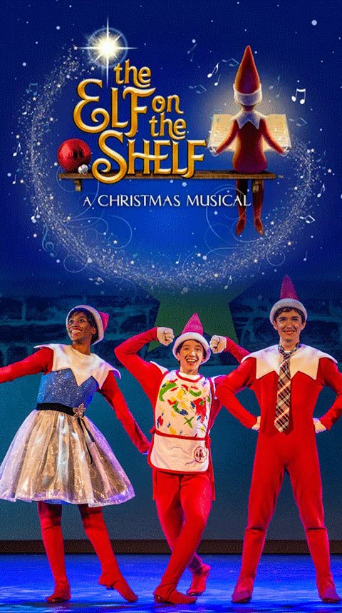 The Elf on the Shelf : Logo A Christmas Musical et une photo de la troupe de personnages