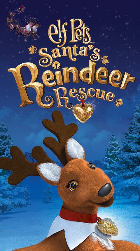 Elf Pets: Logotipo de Santa’s Reindeer Rescue con un reno y Scout Elf