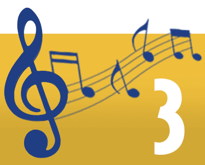 Yellow box with blue music notes and number 3