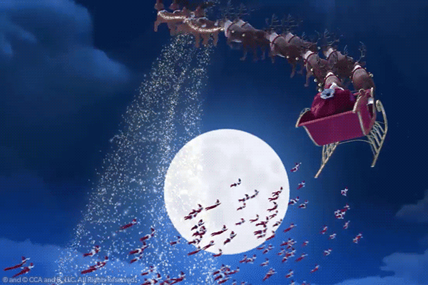 Santa's sleigh and elves flying
