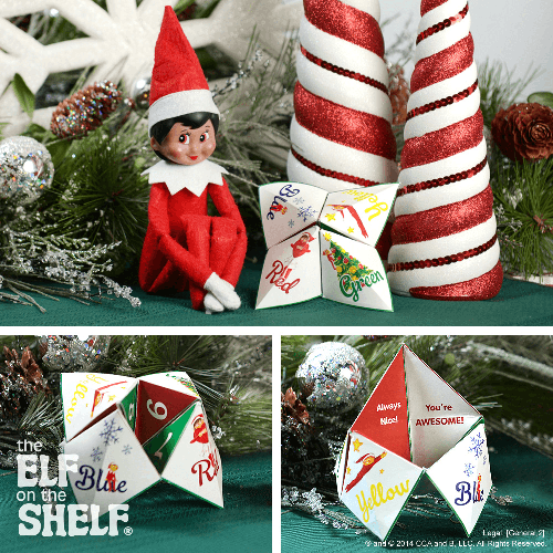 A Scout Elf sits beside a printable origami fortune teller