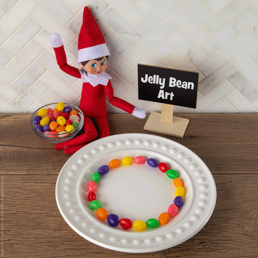 GIF of elf with jelly bean art in action