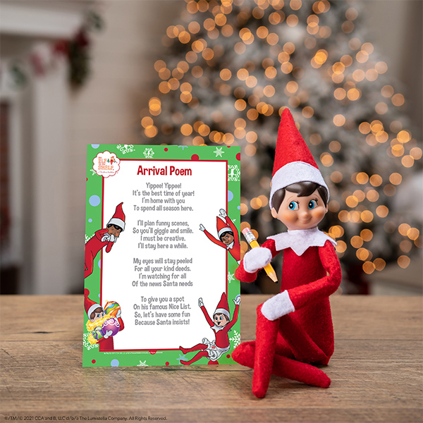 Elf sitting with arrival poem