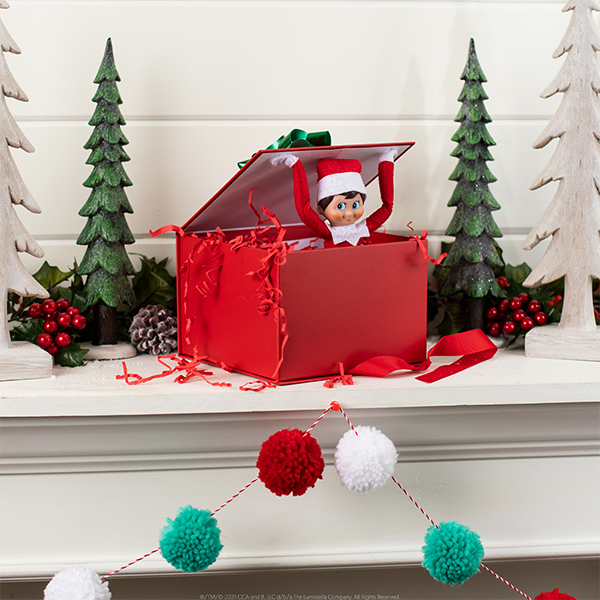 Elf popping out of present box 