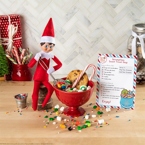 Elf with bowl of candy soup and printable recipe card