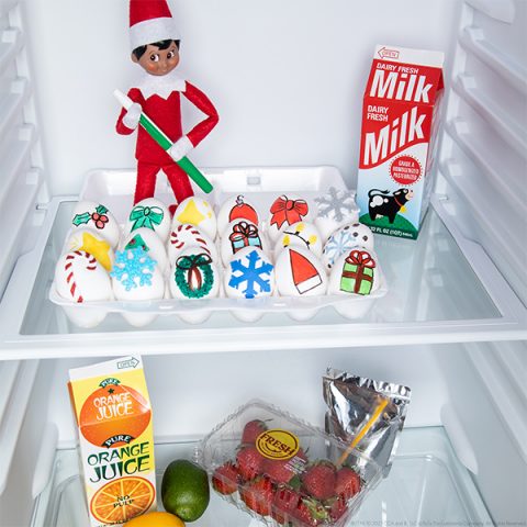 Elf in fridge with carton of decorated eggs