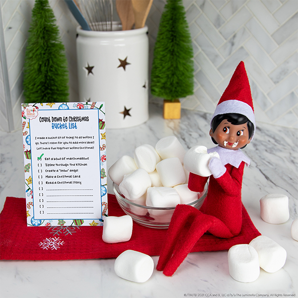 Elf eating bowl of marshmallows with printable bucket list card
