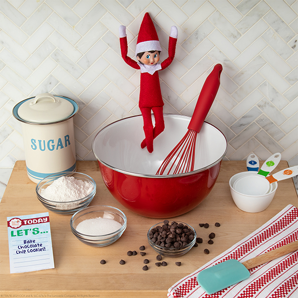 Elf with cookie baking ingredients and  printable card