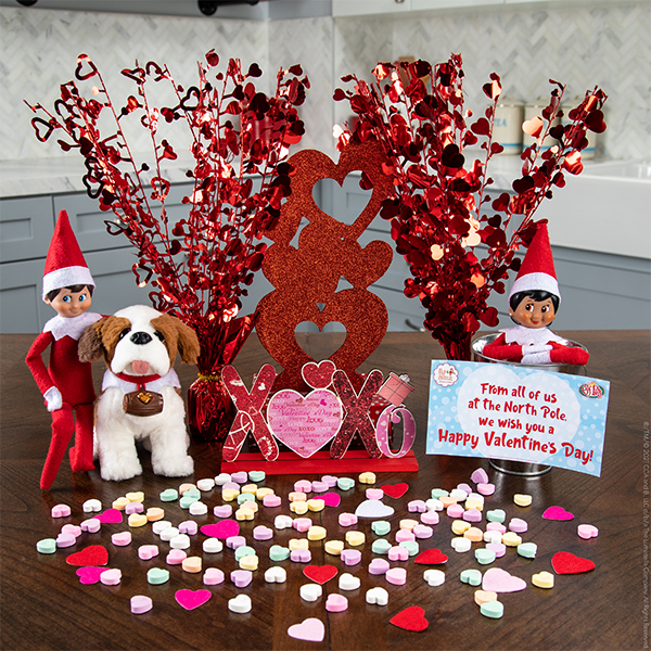 Elves and St. Bernard with Valentine's Day decor and printable note