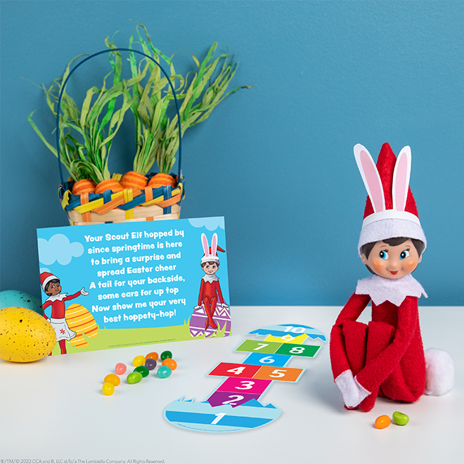 Elf with printable bunny ears and hopscotch board