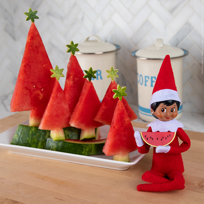 The Elf on the Shelf sitting in the kitchen with Christmas trees made from watermelon.