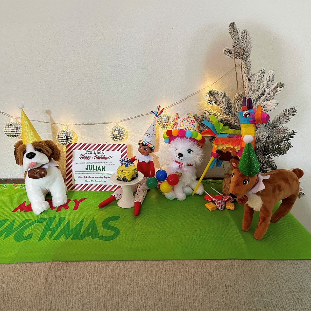 A Scout Elf and Elf Pets having a birthday party