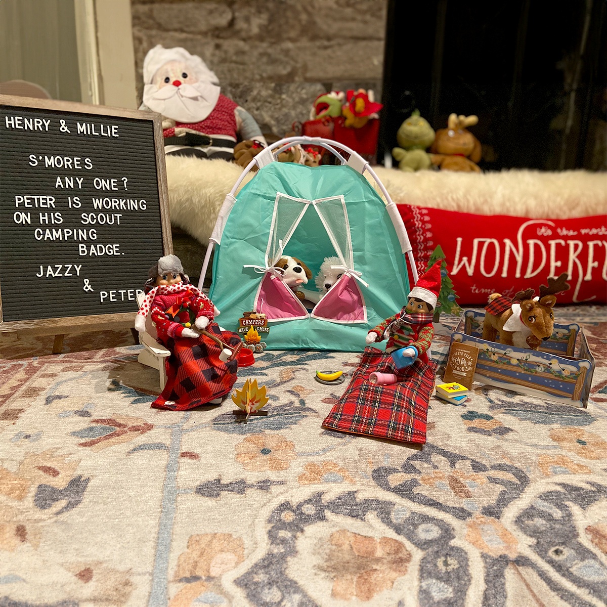 Scout Elves and Elf Pets at a campsite roasting marshmallows