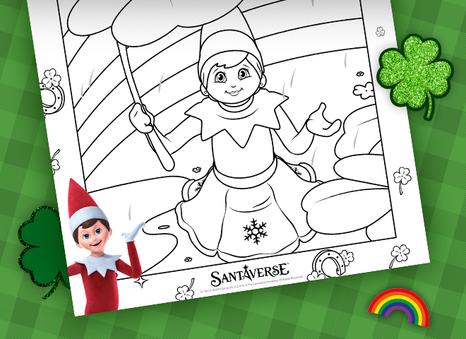 Image of a coloring sheet featuring The Elf on the Shelf Scout Elf holding a shamrock