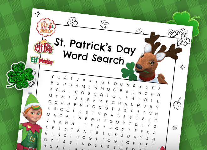 Image of a word search worksheet featuring the Elf Pets reindeer and the Elf Mates Cobbler