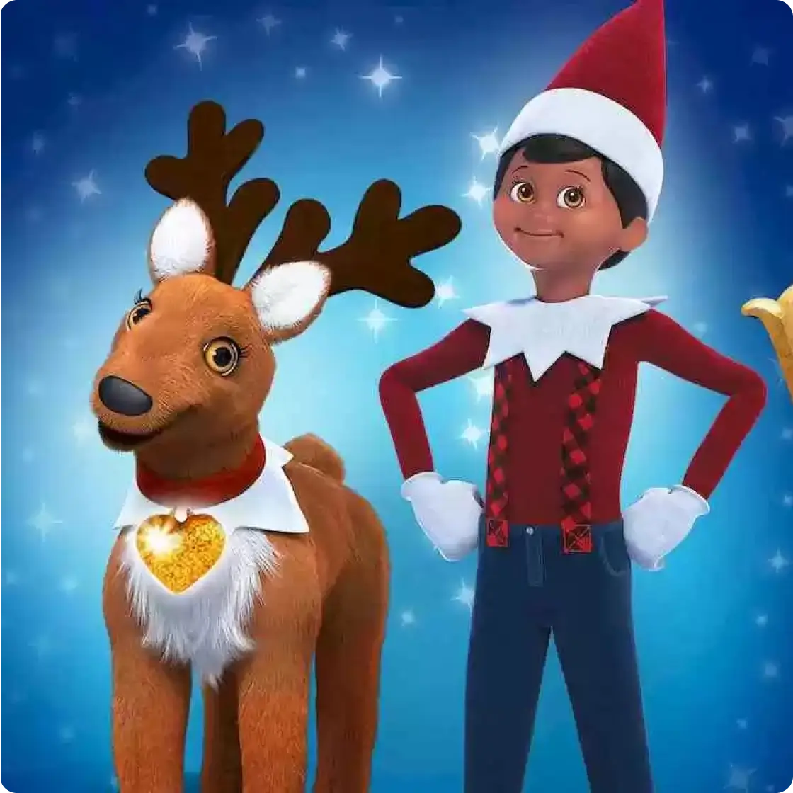 There is a smiling Elf Pets reindeer on the left, and Timber, the boy Scout Elf with plaid suspenders and jeans on the right. Behind the two is a blue gradient background with a light blue glow and white sparkles around the characters.