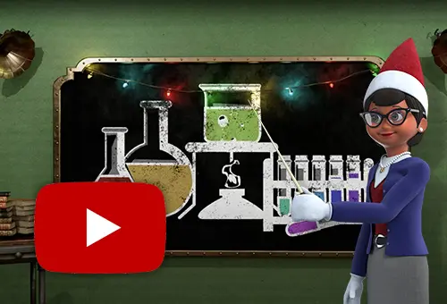 Professeur Peppermint debout devant un tableau avec le dessin d'un ensemble de produits chimiques. Le logo YouTube se trouve en bas à gauche.