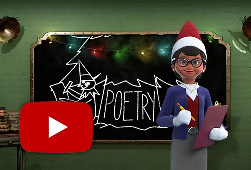 Professeur Peppermint debout devant un tableau avec un dessin d'un Elf sous un pin écrivant sur une feuille de papier et le mot poésie sur le tronc. Le logo YouTube se trouve en bas à gauche.