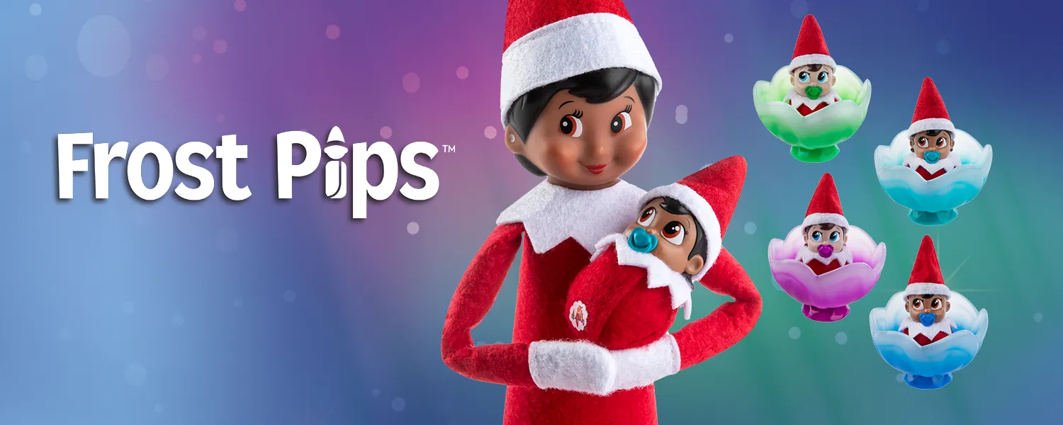 A girl Scout Elf holding a frost pip in her arms. To the right of her are all 4 pip options in their frost flowers. To the left is the Frost Pips logo. The background is the northern lights with stars.