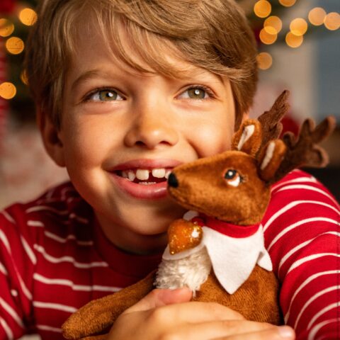A young boy with a big smile holds an Elf Pets Reindeer near his face