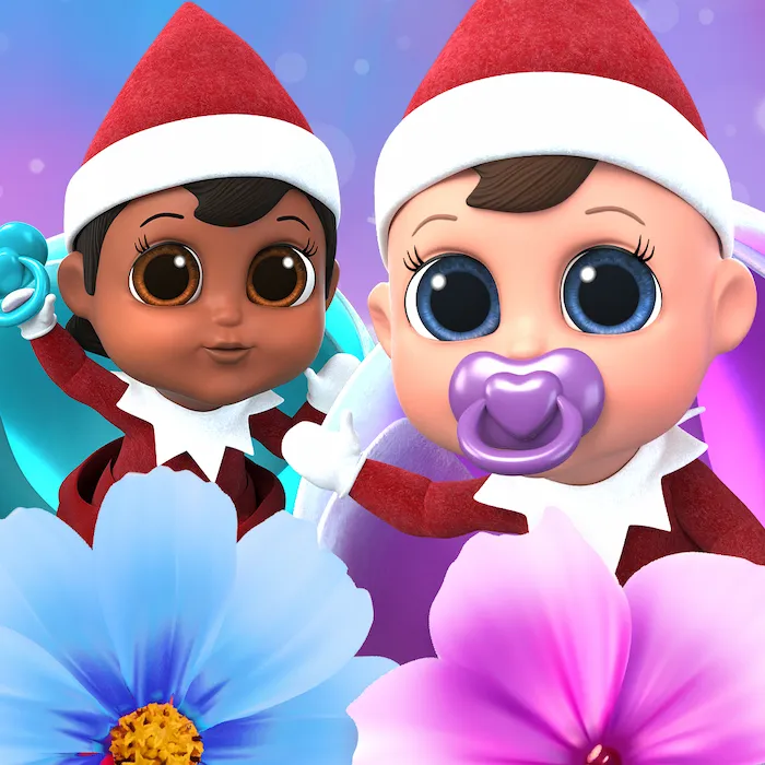 A girl and boy Frost Pips sitting in their flowers