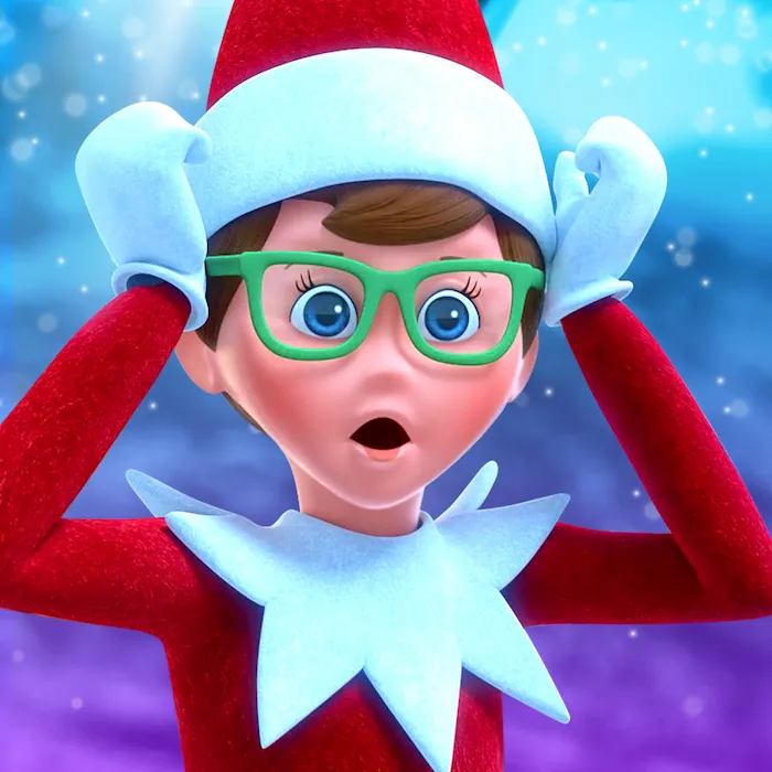 A boy Scout Elf with Glasses with hands placed on his temples making a surprised face.