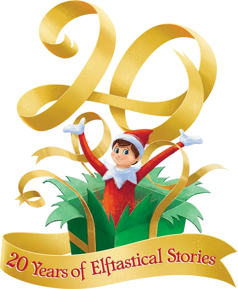 The Elf on the Shelf 20th Anniversary Logo. At the top of the logo, the number 20 is spelled out in gold ribbon. Below the 20 is a Scout Elf popping out of a green and gold gift box with his hands up and gold ribbons swirling around him. Below the elf is a gold ribbon with the words "20 Years of Elftastical Stories" written across it.