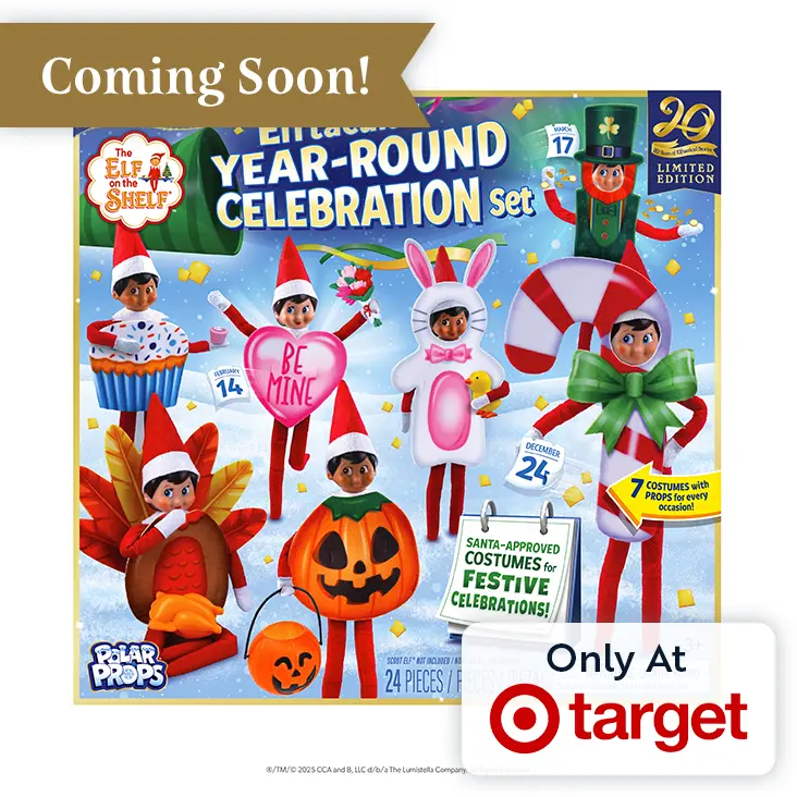 Front of the 20th Anniversary Limited Edition Elftacular Year-Round Celebration Set packaging. At the top left there is a Coming Soon banner.