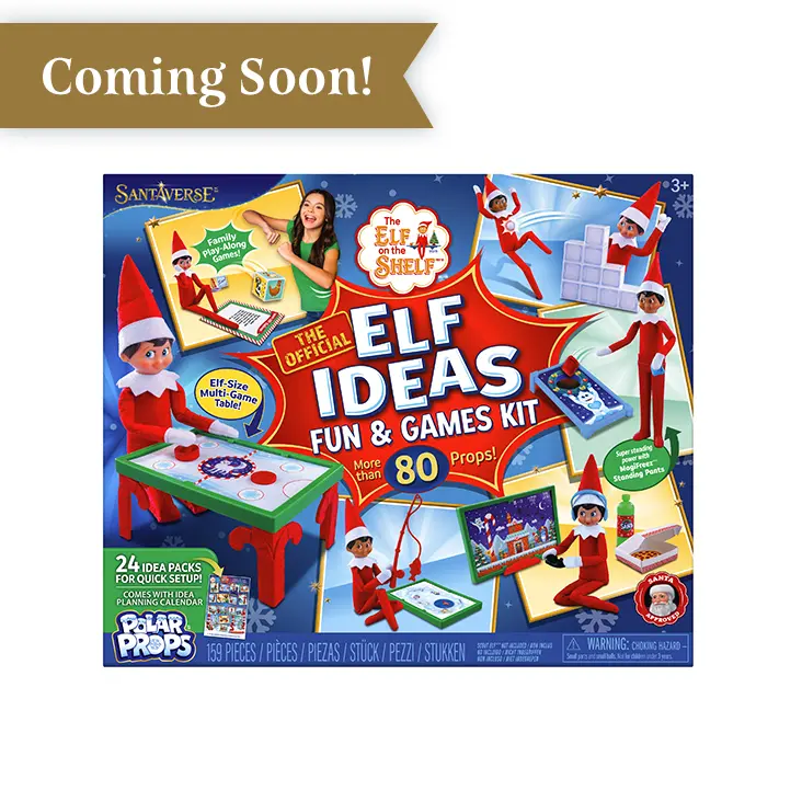 Front of the Elf Ideas Fun and Games Kit packaging. At the top left there is a Coming Soon banner.