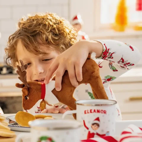 A young boy pretends to feed a pancake to his Elf Pets Reindeer