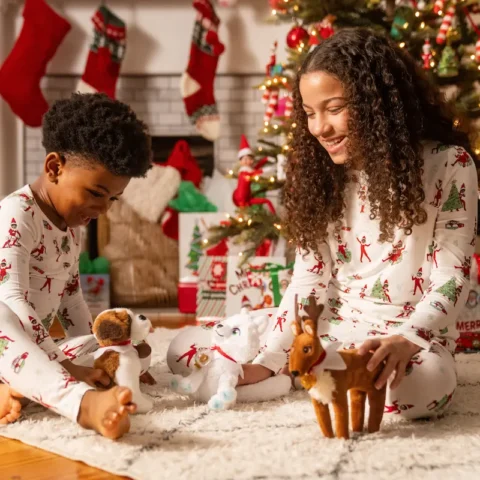 A tween girl holding and Elf Pets Reindeer plays with her younger brother