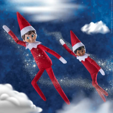 Two Elf on the Shelf elves fly through the clouds