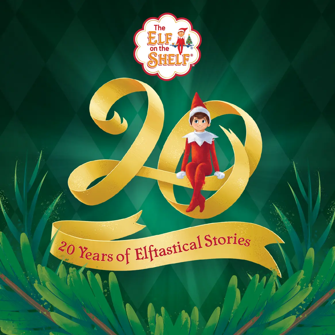 The 20th Anniversary logo on a green diamond pattern background. The logo has the number 20 spelled out in gold ribbon and a Scout Elf is sitting inside the 0. Underneath the 20 is another gold ribbon that says 20 Years of Elftastical Stories on it. Above the 20th Anniversary logo is the The Elf on the Shelf scallop logo. Below the two logos is a swag of evergreen foliage.