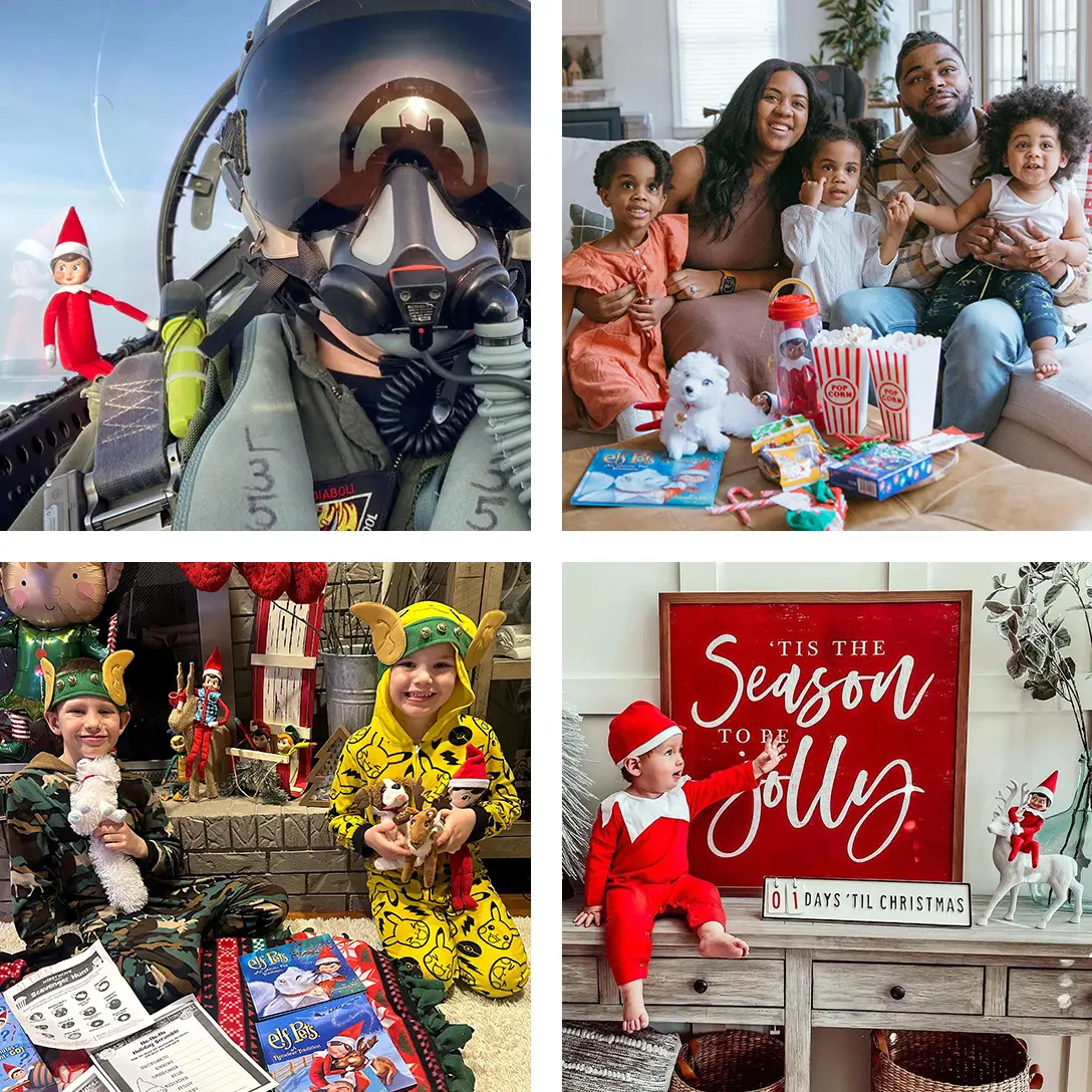 A grid of four images. On the top left is the close up of a pilot's face flying in a jet, and on his shoulder is a girl Scout Elf looking out the window. On the top right is an African American family sitting on a sofa. The family includes a Mom, Dad and 3 kids. On the ottoman in front of them are a variety of products including the Elf Pets Arctic Fox plush and book, a Scout Elf girl in the official Scout Elf Carrier. Two boxes of popcorn are next to the Scout Elf. On the bottom left is an image of 2 boys sitting in front of a fireplace wearing onesies and headbands with elf ears and jingle bells. In the boy on the left's arm is an Elf Pets Arctic Fox plush, and the boy on the right is holding an Elf Pets Saint Bernard Pup and Elf Pets Reindeer plushes, as well as a Plushee Pal. On the hearth behind them is a Boy Scout Elf wearing a blue vest. In front of the boys on the floor are the Merry Movie Night printable and the Elf Pets storybooks. On the bottom right is an image of a baby sitting on a table wearing a Scout Elf costume and pointing up and to the right. Behind the baby in the center of the table is a big red sign with “’tis the season to be jolly” written in white letters. To the right of the sign is a girl Scout Elf seated upon a white reindeer statue. Behind the elf is a vase with some frosted foliage in it. On the shelf below the table is a decorative pillow and two baskets.