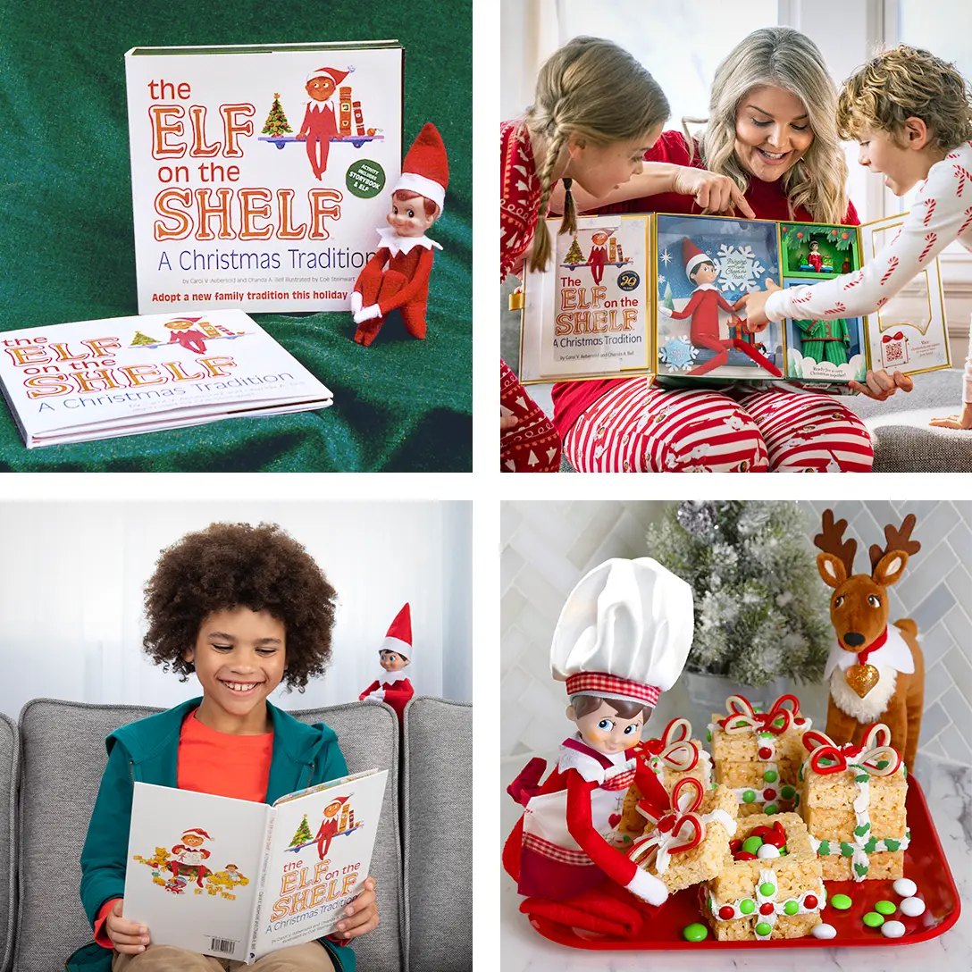 A grid of four images. On the top left is the original The Elf on the Shelf tradition box, storybook and Scout Elf on a green fabric background. On the top right is a woman holding the 20th anniversary edition of The Elf on the Shelf tradition boxset 20th and the boxset is open. A girl on the left side is leaning in to look at the contents of the box, and a boy on the right side is pointing to the Scout Elf posed in the box. On the bottom left a boy is sitting on a sofa reading The Elf on the Shelf story book, and over his left shoulder is a Boy Scout Elf sitting on the cushion. On the bottom right is an original Scout Elf wearing a Chef’s hat and apron crouched on a red square plate. Next to the elf is a pile of Rice Krispie treats decorated like Christmas gifts. Behind the plate on the right is an Elf Pets Reindeer plush.