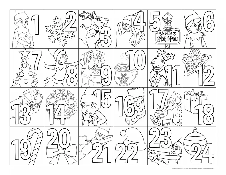 Coloring page with 24 days of a calendar of Scout Elves and Elf Pets to color