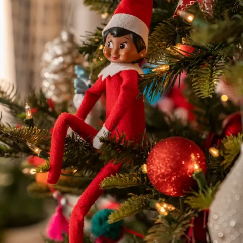 The Elf on the Shelf Scout Elf girl elf sits in a Christmas tree among twinkling lights and sparkly ornaments