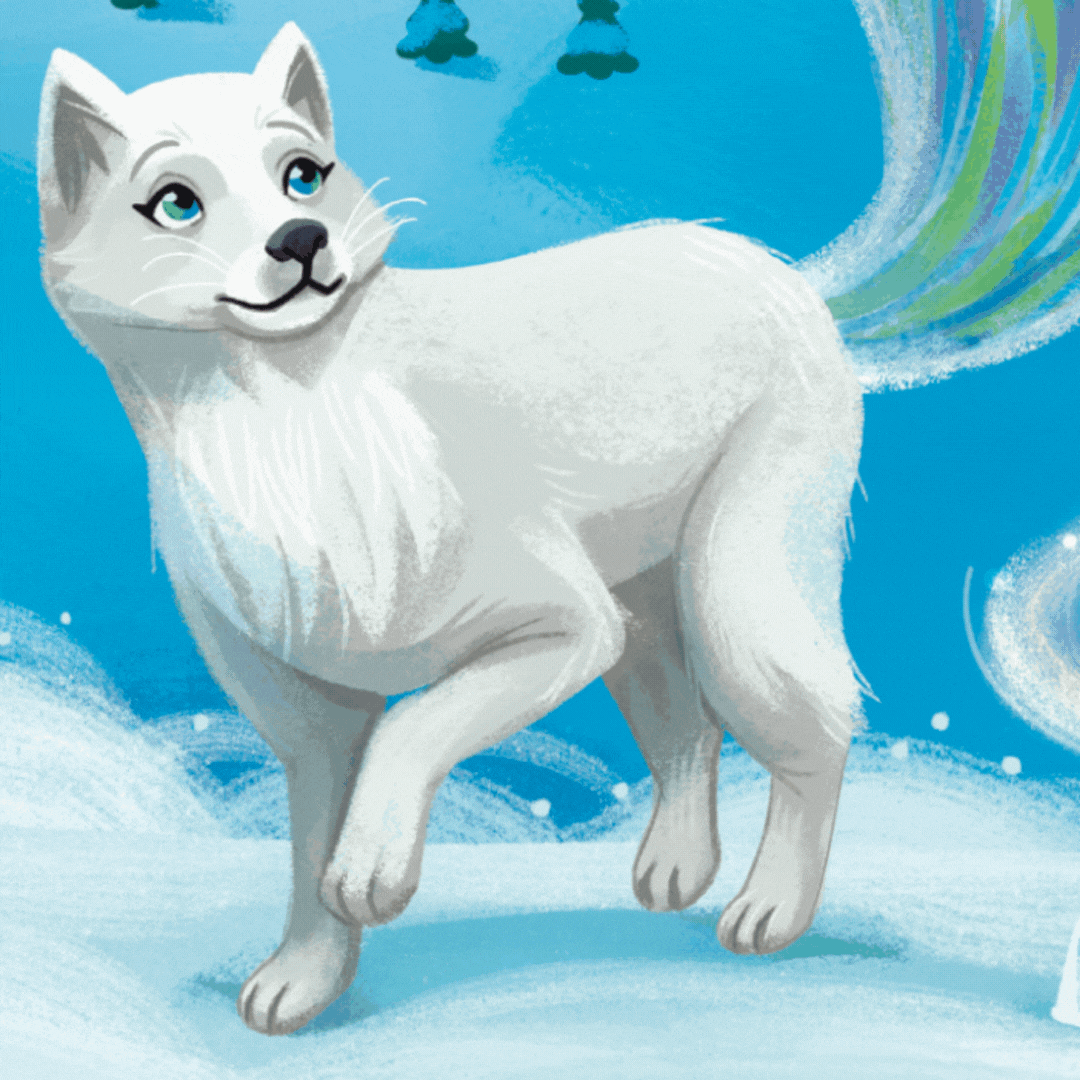 A GIF that shows the arctic the arctic fox Noorah and the Saint Bernard Barry, two of Santa's oldest friends