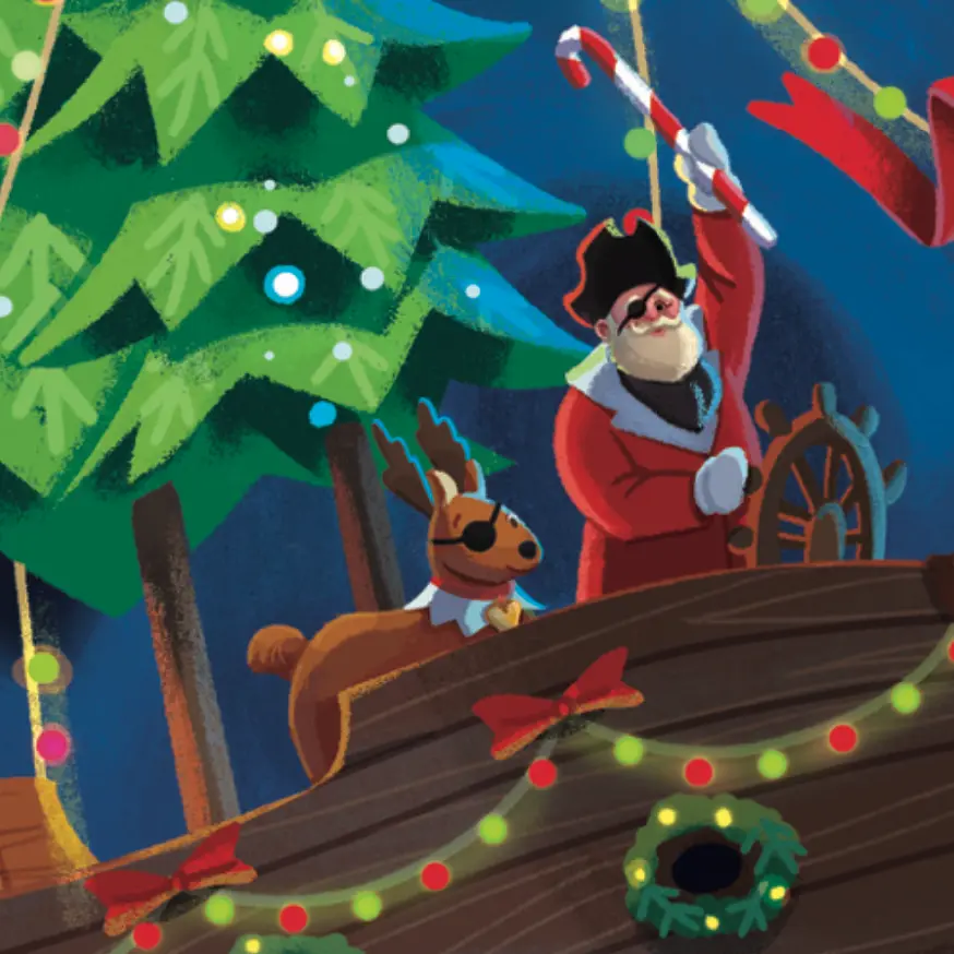 Santa Claus dressed as a pirate and a miniature reindeer with an eye patch in a wooden boat