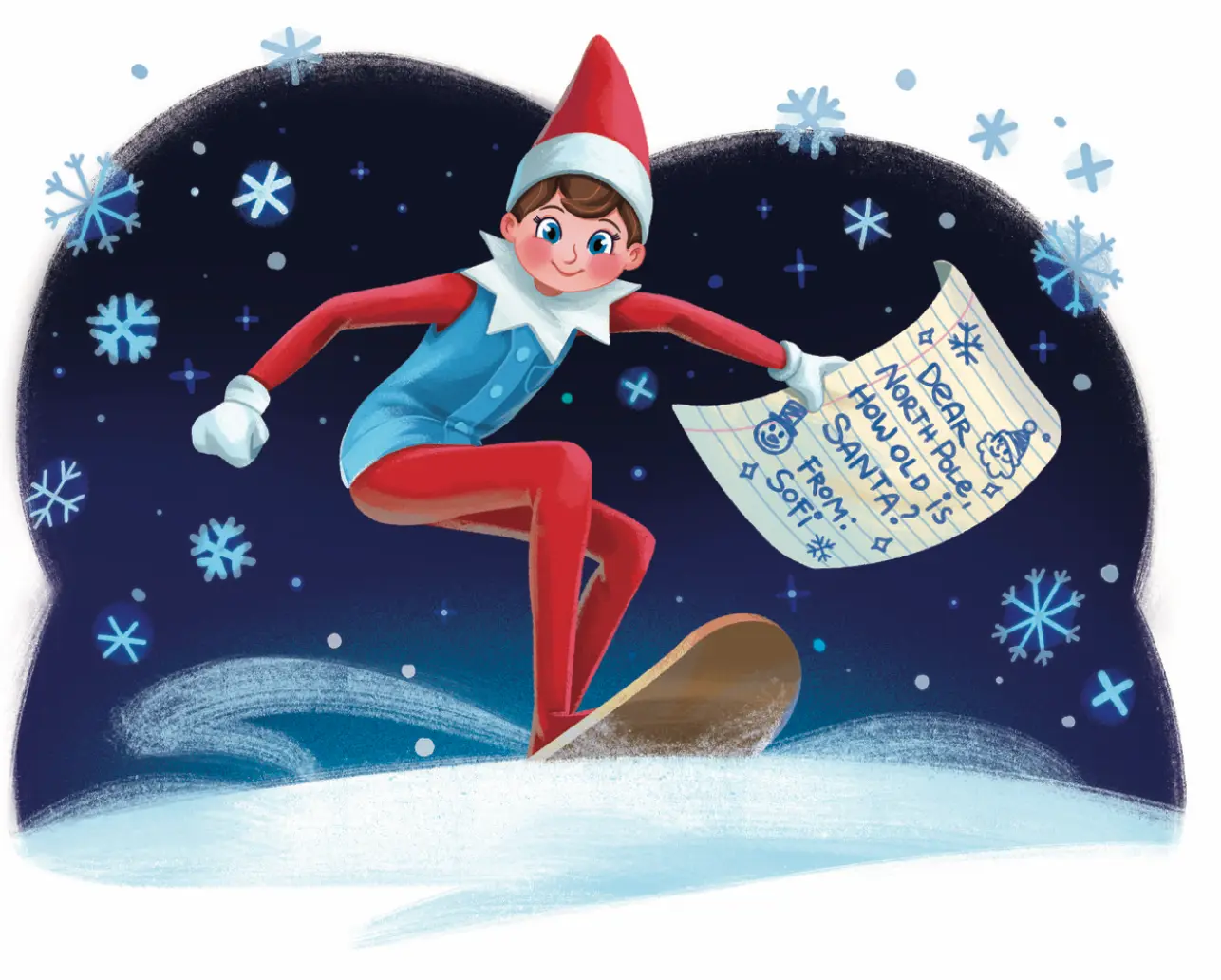 Scout Elf Pippin shreds through the snow on his elf board while holding a letter from Sofi