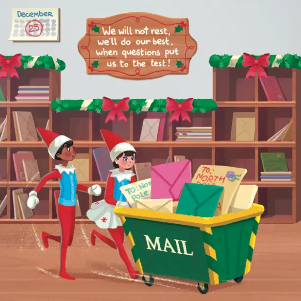 Two Scout Elves push a mail cart full of letters addressed to the North Pole