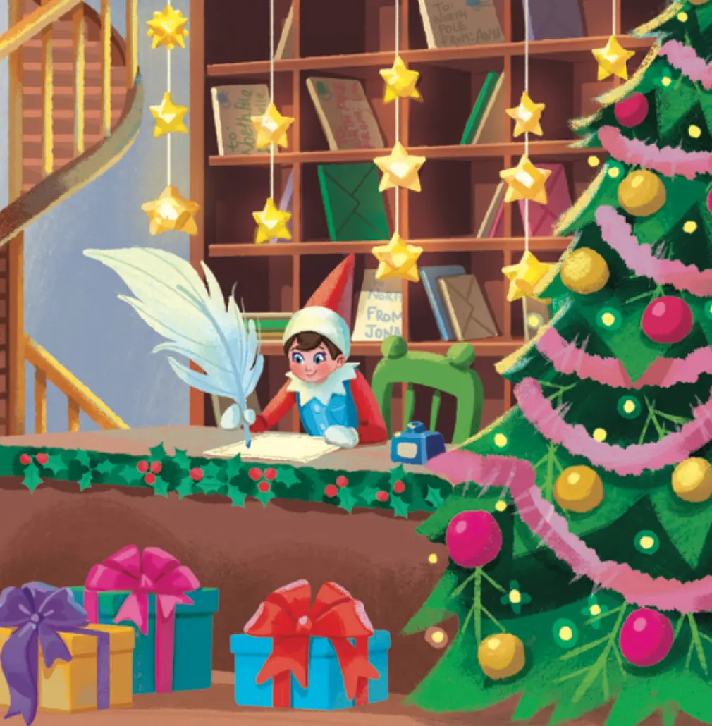 Pippin sits at a desk writing a letter in the mail grotto beside a Christmas tree