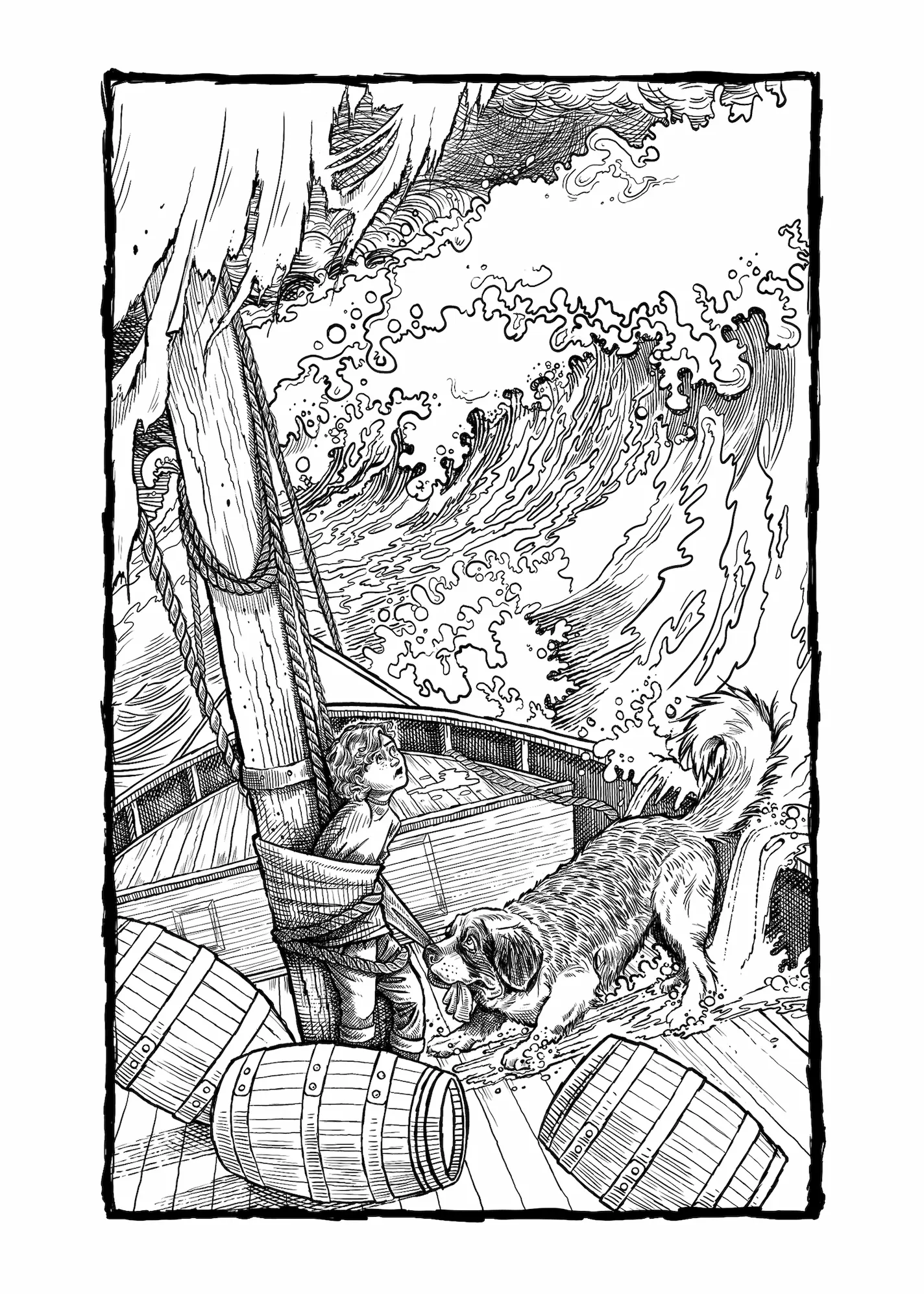 A pen and ink sketch of a young boy and his dog on a ship during a violent storm