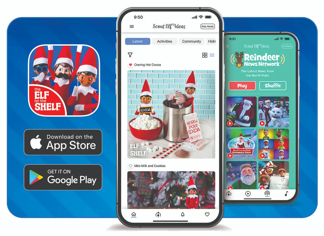 Scout Elf Ideas App image on a cell phone with app icon and buttons showing availability on Google Play and the App Store