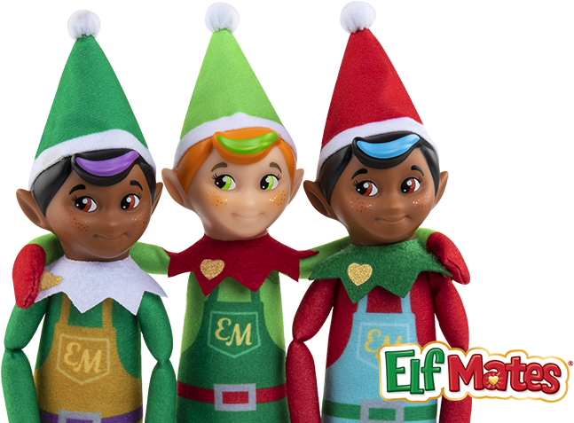 Three Elf Mates standing in a row. The middle Elf Mate has his arms around the Elf Mates on either side. On the bottom right is the Elf Mates logo. In the logo, the word Elf is green and the word Mates is in red. The counter shape of the a is a gold heart. Around the words is a white and gold stroke.